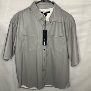 NWT NovaMEN Fashion Nova S Mens Work It Out Faux Leather Button Up Shirt Grey